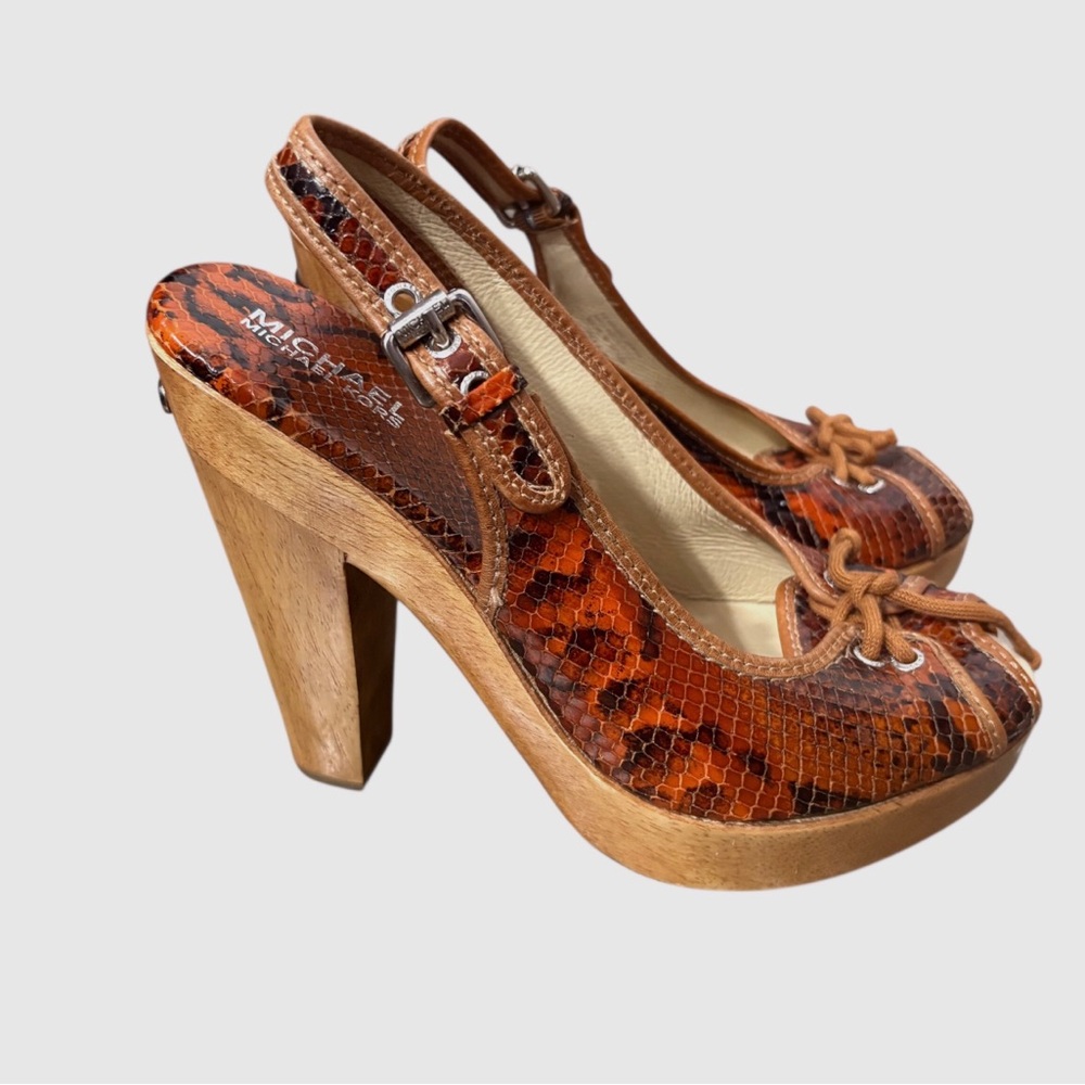 Michael Kors Women's Slingback Brown Animal Print Platform Heels. Open-Toe Heels